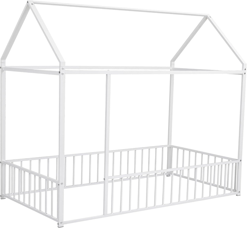 Bellemave Twin Size House Floor Montessori Bedframe with Rails and roof, Metal House Bed for Kids, Montessori Floor Beds for Kids, White