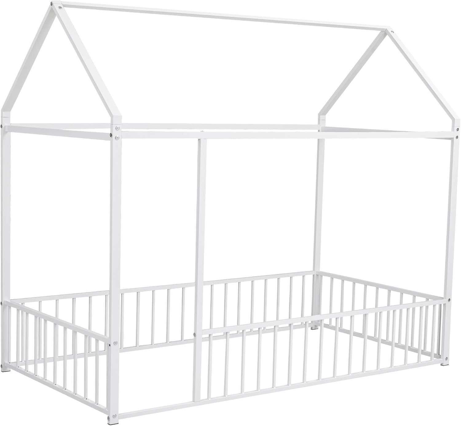 Bellemave Twin Size House Floor Montessori Bedframe with Rails and roof, Metal House Bed for Kids, Montessori Floor Beds for Kids, White