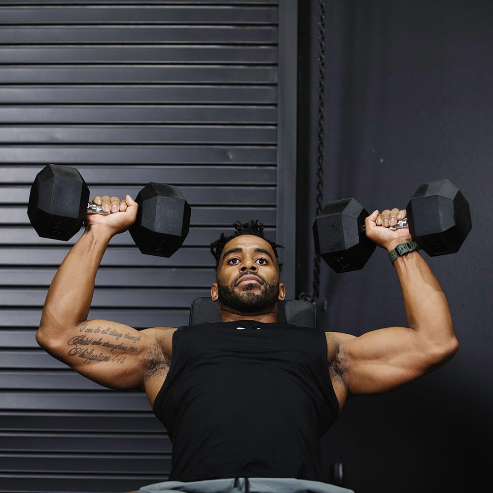 Titan Fitness Pair Rubber Coated Hex Dumbbells, Roll-Resistant Hexagonal Free Weights, Chrome-Coated Handles with Knurling, Strength Training Equipment