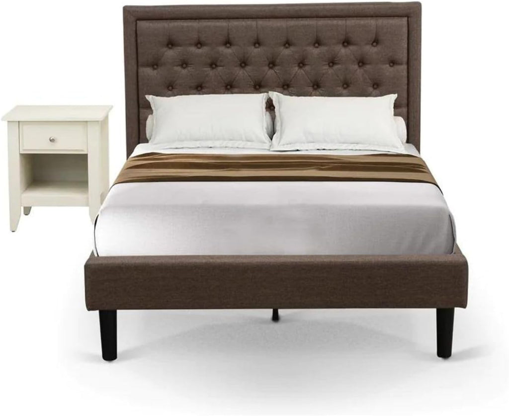 East West Furniture KD18F-1GA0C 2 Piece Bed Set - 1 Bed Frame Brown Linen Fabric Padded and Button Tufted Headboard with 1 Night Stands for Bedrooms - Wire Brushed Butter Cream Finish Nightstand