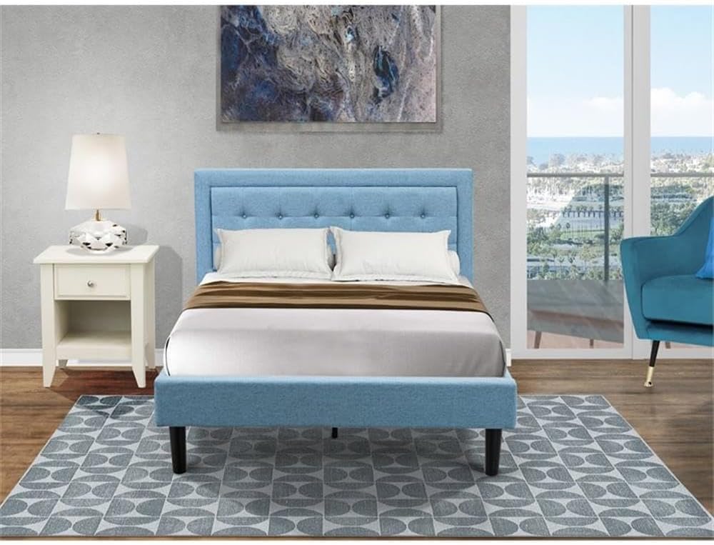 East West Furniture FN11F-1GA0C 2-Pc Platform Full Bedroom Set with 1 Full Bed Frame and a Night Stand - Reliable and Long Lasting Manufacturing - Denim Blue Linen Fabric