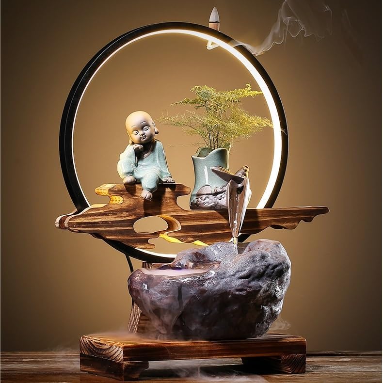 Small Fountain Indoor Tabletop Fountain with Light Ring Water Fountain Humidifier Living Room Office Home Creative Craft Ornaments Tabletop Fountains