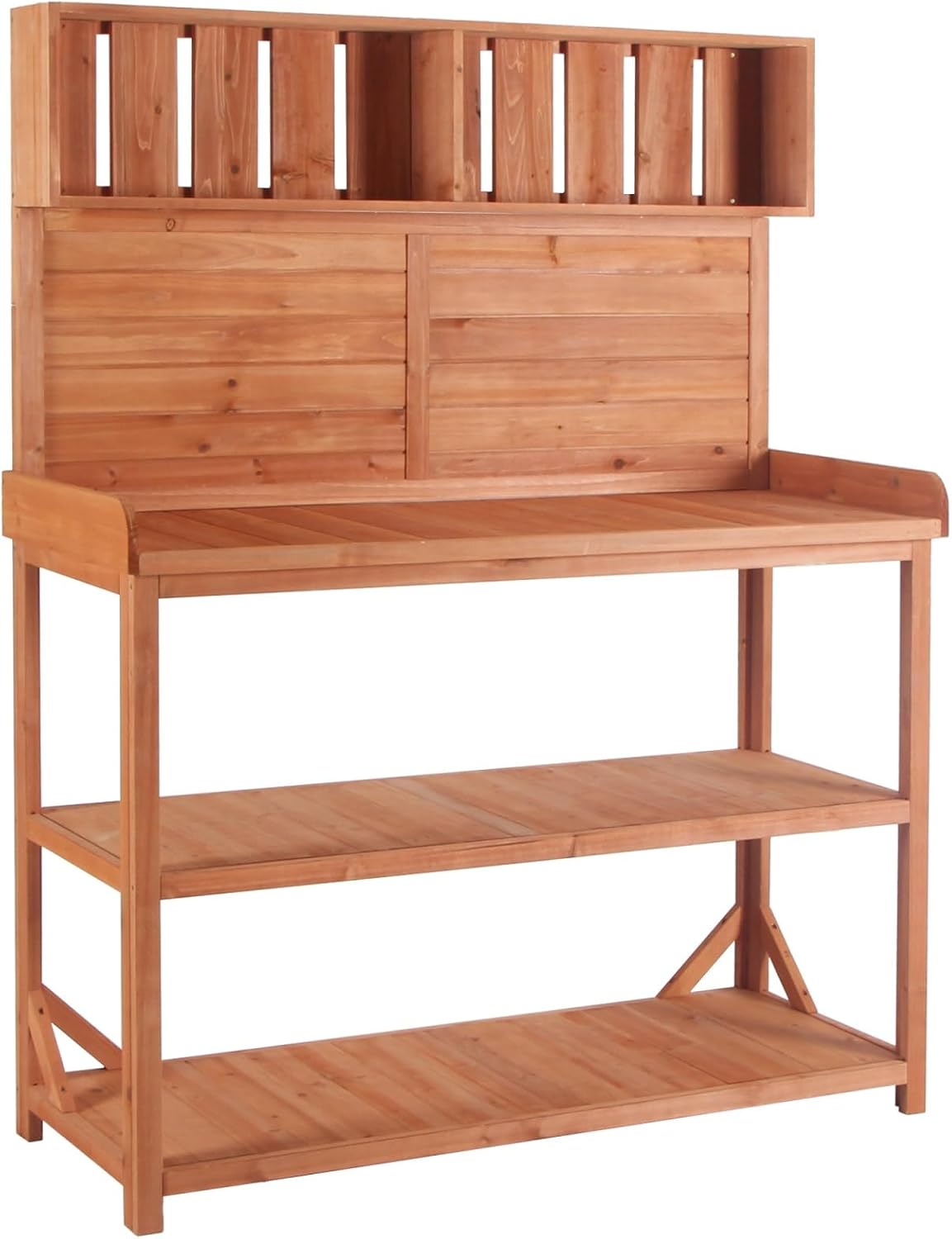 65' Large Wooden Farmhouse Rustic Outdoor Potting Bench Table, Patio Workstation, Garden Potting Bench with 4 Storage Shelves and Side Hook,Natural