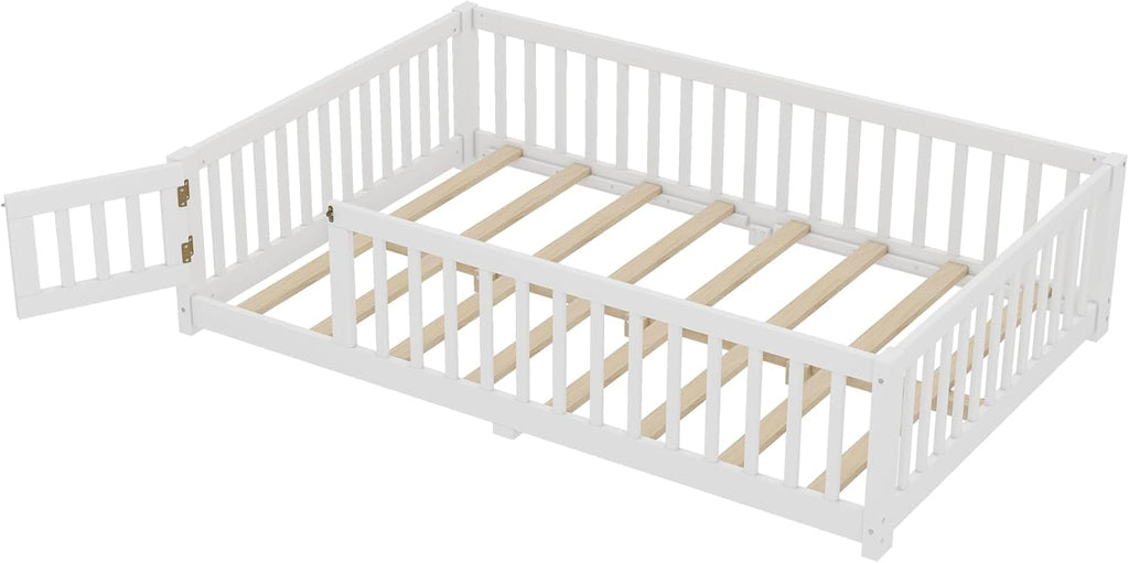 Full Size Floor Bed with Door and Fence for Kids, Montessori Floor Bed with Slats and Safety Guardrails,Solid Wood Full Bed Frame for Girls Boys(Full,White)