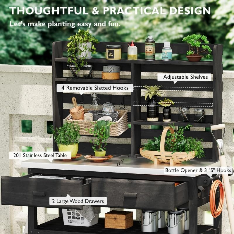 K&K 64.9' H Outdoor Potting Bench Table with Lockable Wheels, Solid Wood Outdoor Kitchen Island with Upper Hutch, Stainless Steel Top, Towel Rack,Outdoor Storage for Grilling, Lawn Garden -Black