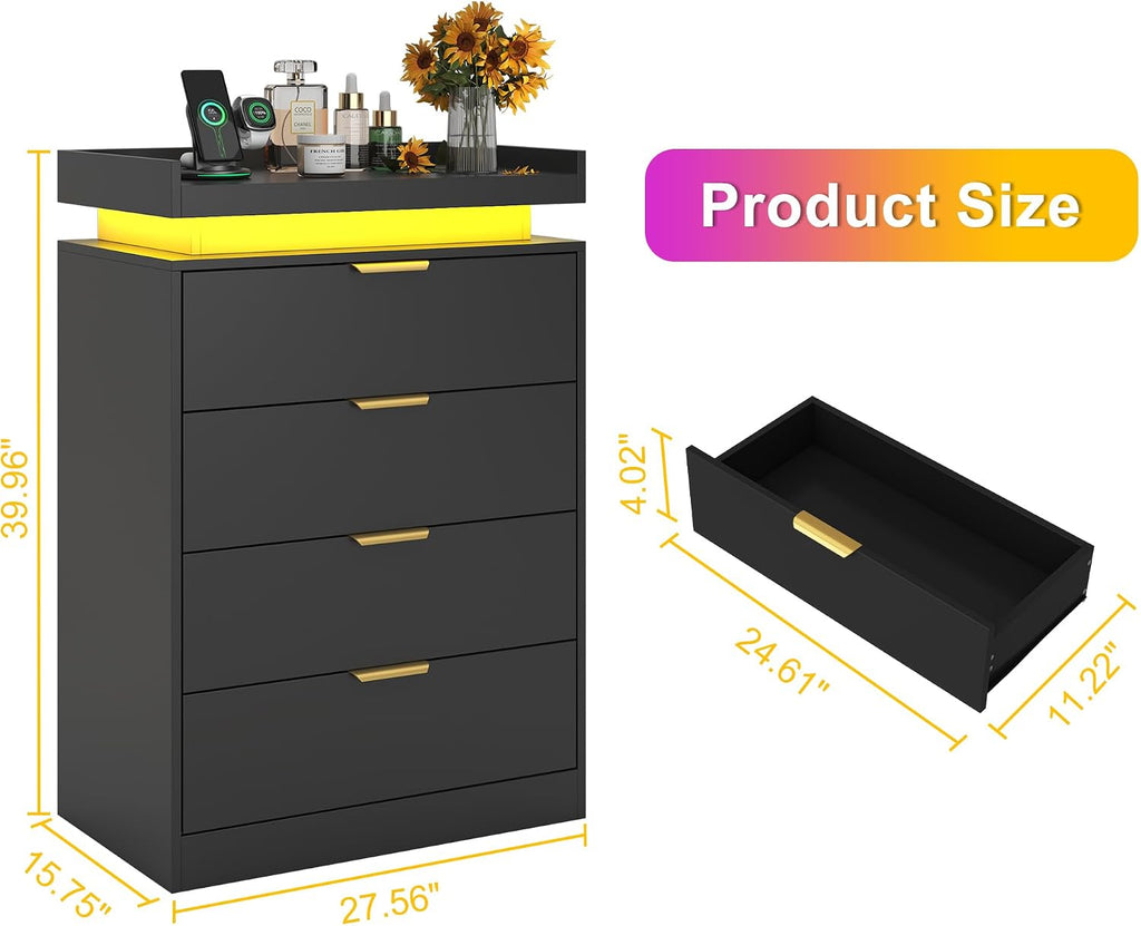 knoworld Black Dresser with LED Lights, Wooden LED Dresser, 4 Drawer Chest with Charging Station, Tall Chest of Drawer Closet Organizer for Bedroom, Living Room, Entryway, Hallway