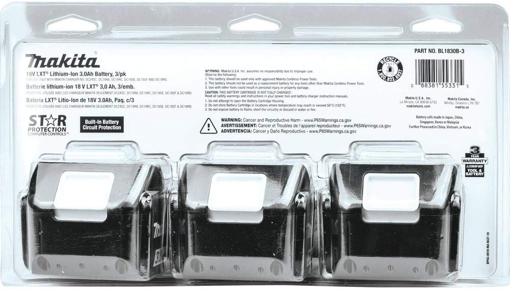 Makita BL1830B-3 18V LXT® Lithium-Ion 3.0Ah Battery, 3/pk