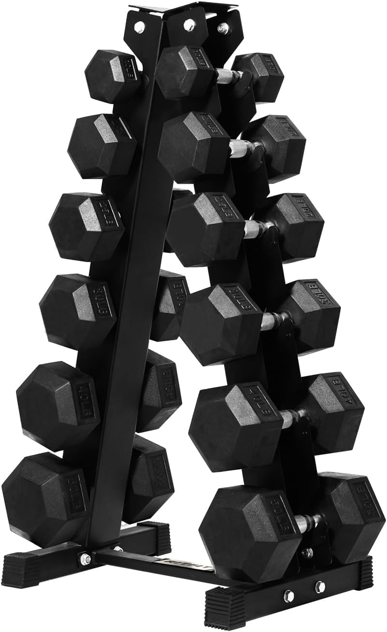 RitFit Rubber Coated Hex Dumbbell Set with Rack, 5-780LB for Home Gym Strength Training, Anti-Slip Knurled Handle, Hexagon Anti-Roll, Heavy-Duty Storage Rack