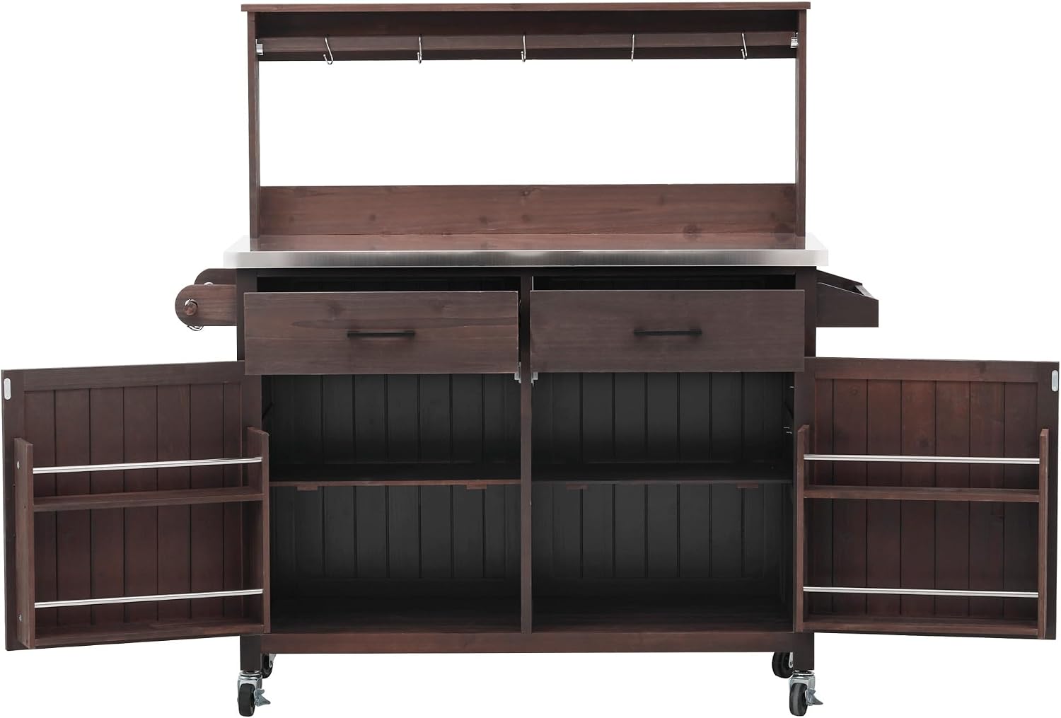 54.1' Outdoor Kitchen Island with High Shelf – Large Potting Bench Table Featuring Stainless Steel Top, Solid Wood Grill Cart, Lockable Wheels & Smart Storage for BBQ, Garden(Brown)