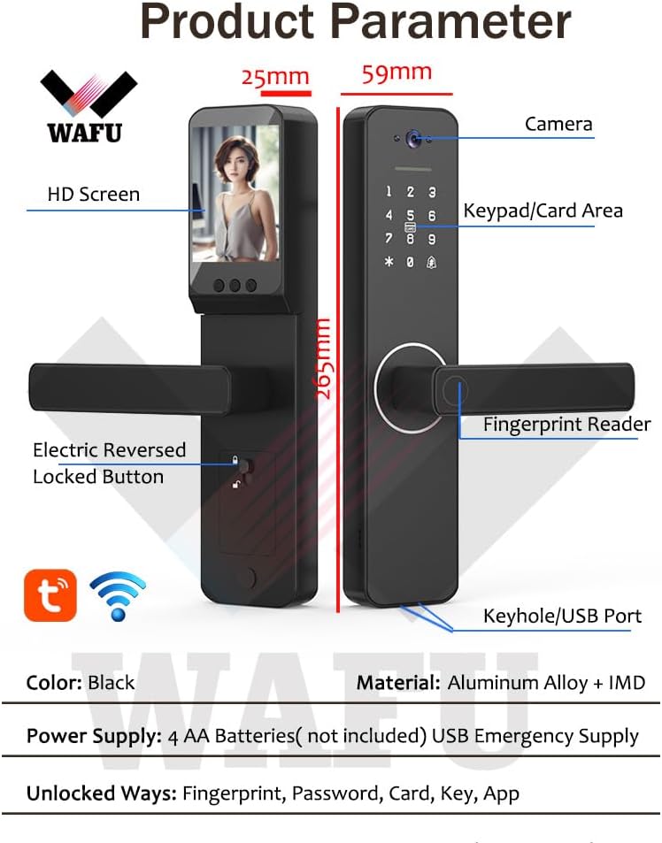 Smart Lock with 120° Wide-Angle Camera and Smart Doorbell Keyless Entry Door Lock Handle Aluminum Alloy Biometric Door Lock TY App Remote Operation WiFi for 35-60mm Office Home Bedroom Door