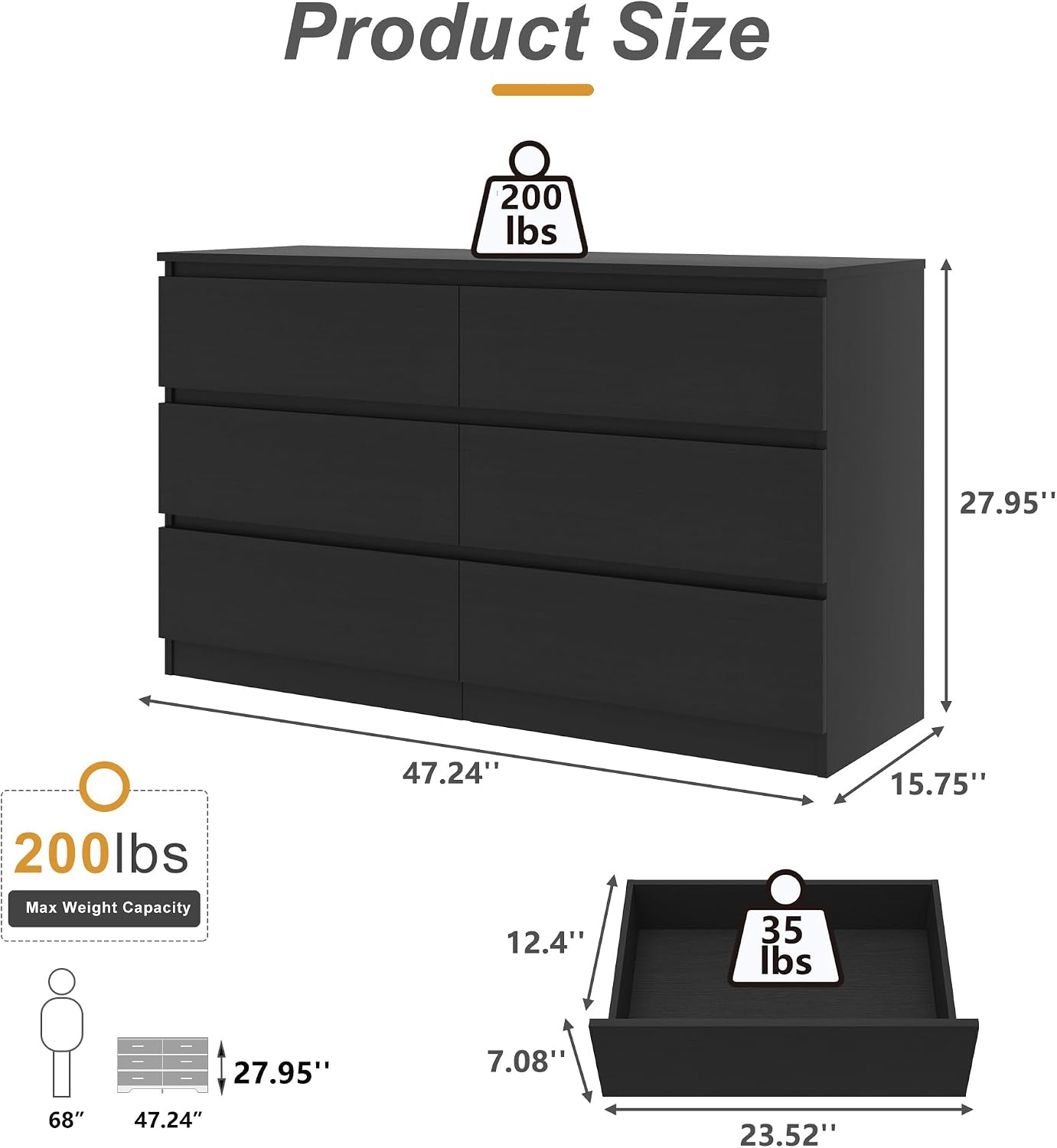 Vibe & Dine Double Dresser 6 Drawer, Modern Chest of Drawers with Wide Storage for Closet, Bedroom, Living Room, Black