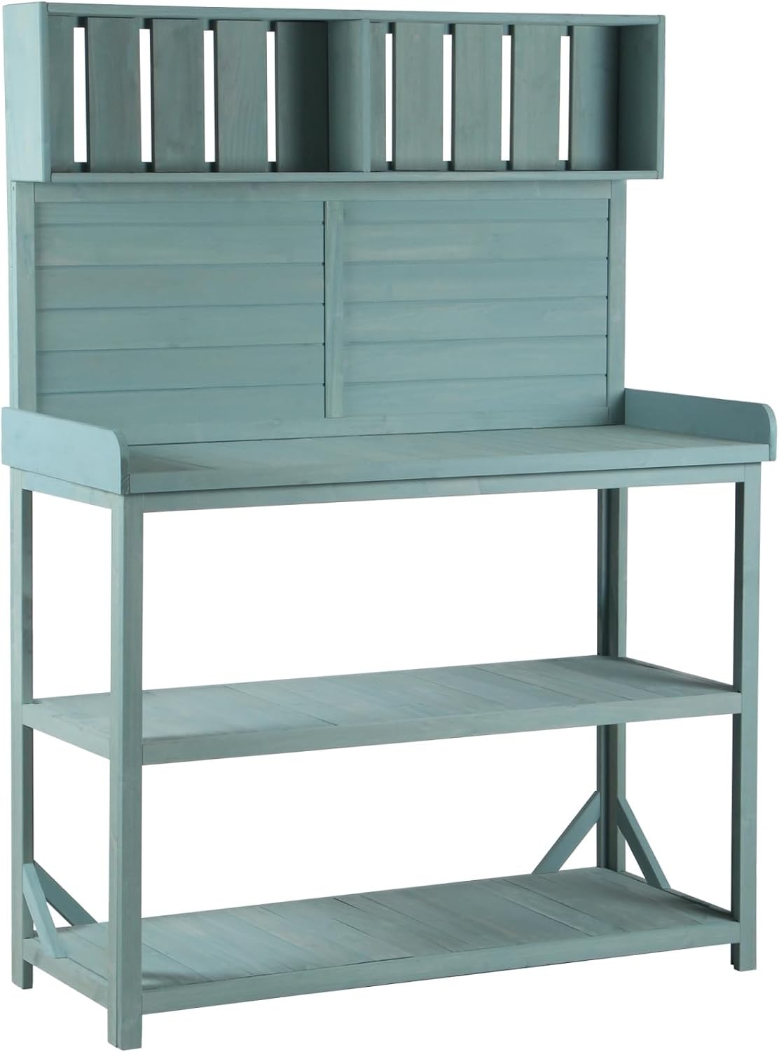 65' Large Wooden Farmhouse Rustic Outdoor Potting Bench Table, Patio Workstation, Garden Potting Bench with 4 Storage Shelves and Side Hook,Green