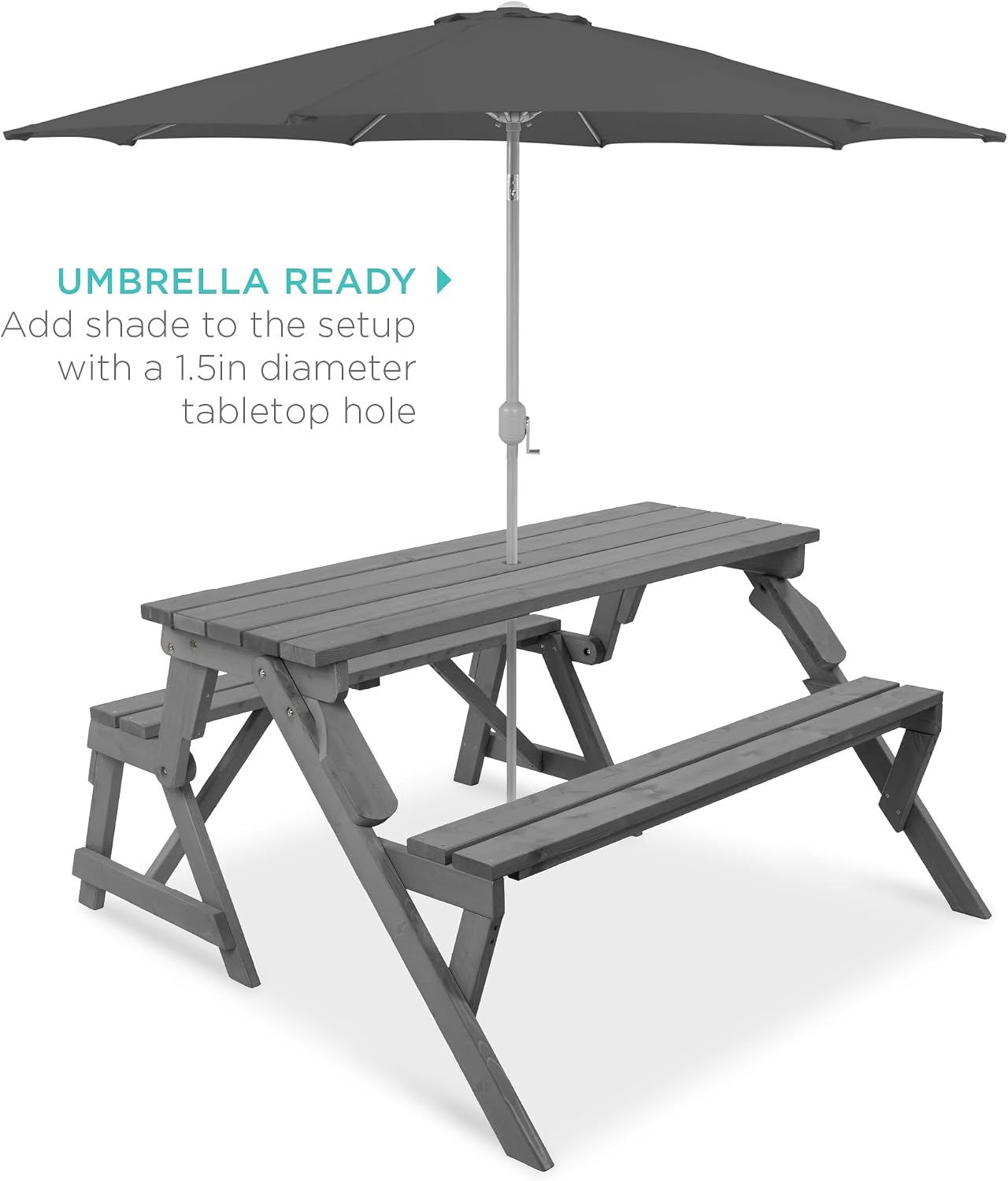 Best Choice Products 2-in-1 Transforming Interchangeable Outdoor Wooden Picnic Table Garden Bench for Backyard, Porch, Patio, Deck w/Umbrella Hole - Gray