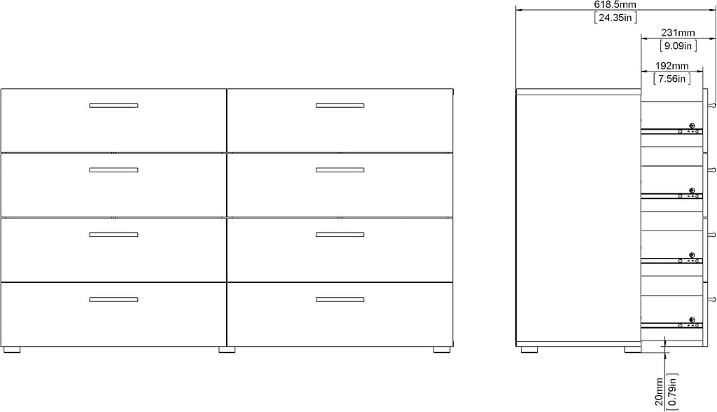 Tvilum, 8 Drawer Double Dresser, Bedroom, Modern Silver Drawer Handles, Contemporary, Black