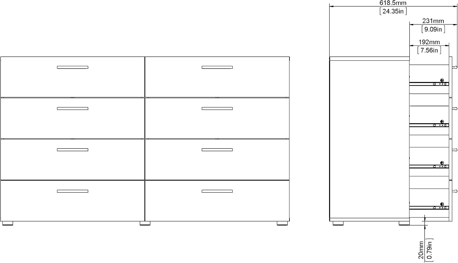 Tvilum, 8 Drawer Double Dresser, Bedroom, Modern Silver Drawer Handles, Contemporary, Black