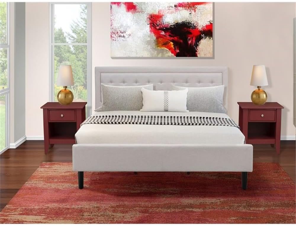 East West Furniture FN08K-2GA13 3-Piece Fannin Bedroom Set with 1 King Size Bed and 2 End Tables - Mist Beige Linen Fabric