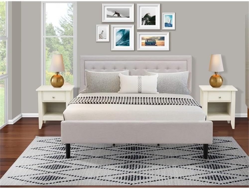 East West Furniture FN08K-2GA0C 3-Piece Platform King Size Bed Set with 1 King Size Bed Frame and 2 Mid Century Nightstands - Reliable and Durable Manufacturing - Mist Beige Linen Fabric