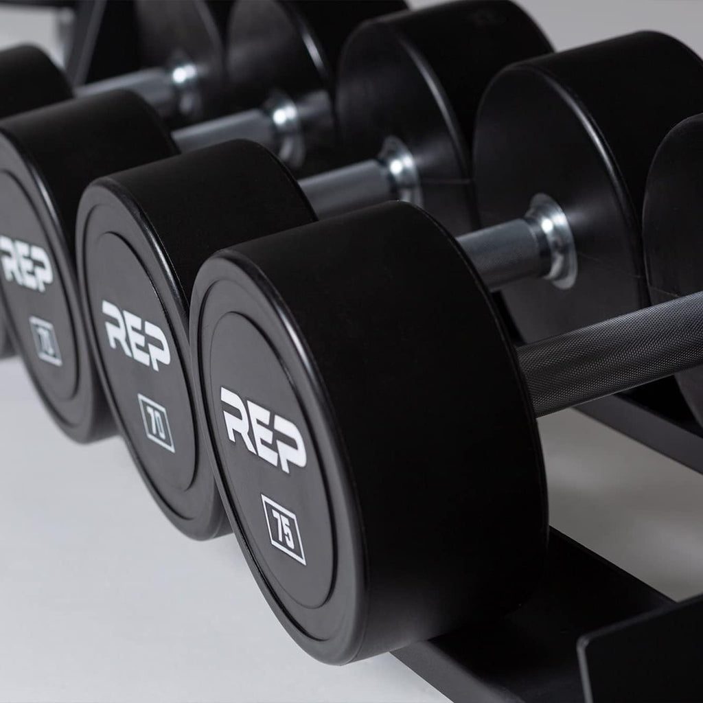 REP Fitness Urethane Coated Round Dumbbells, 5 to 100 lbs, Singles or Pairs, With or Without Rack, Steel Core, Rubber Encased, Chrome Handles, Professional Weights for Home Gym Strength Training
