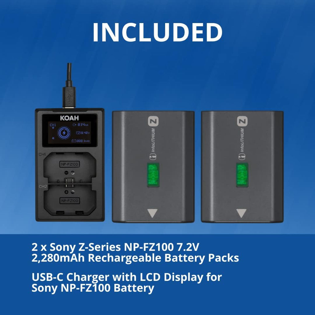 Sony Np FZ100 Z Series Battery Plus Koah Dual USB C Charger (3 Items) | Includes 2x Sony Np-Fz100, 2280mah and 16.4wh) Batteries and Koah Dual USB-C Charger, Infolithium Support
