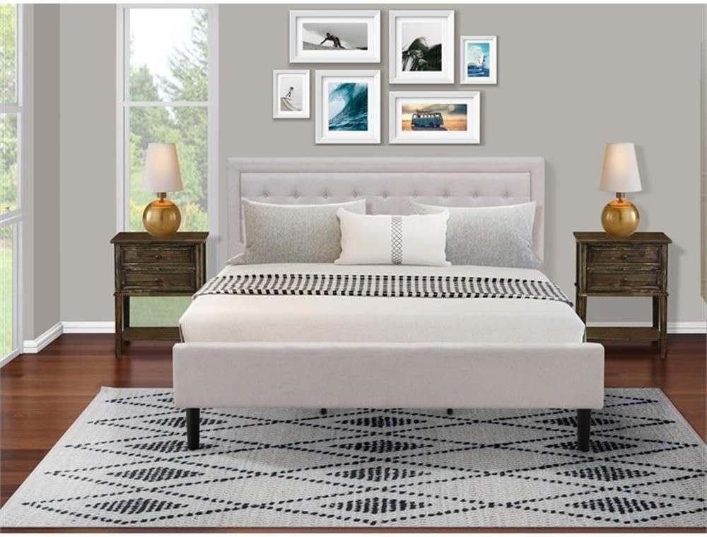 East West Furniture FN08K-2VL07 3-Piece Platform King Size Bed Set with 1 Wingback Bed and 2 Small End Tables - Reliable and Durable Construction - Mist Beige Linen Fabric