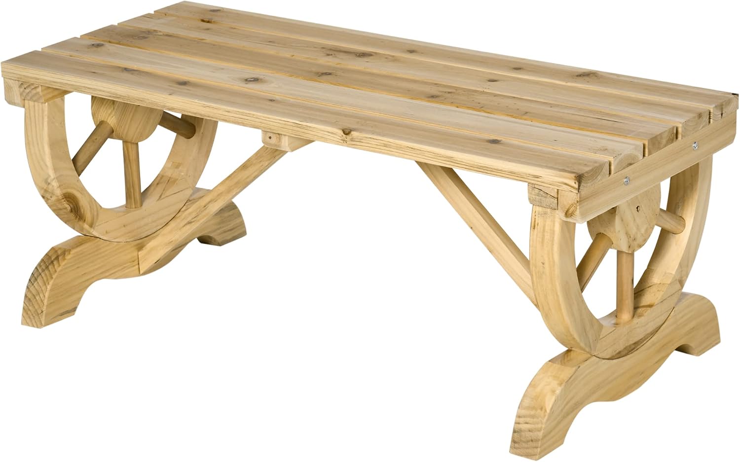 2-Person Natural Wooden Garden Bench, Outdoor Wagon Wheel Porch Chair, Rustic Country Style Lawn Furniture, for Bakery, Bistro, Coffe Entrances, Park Corners