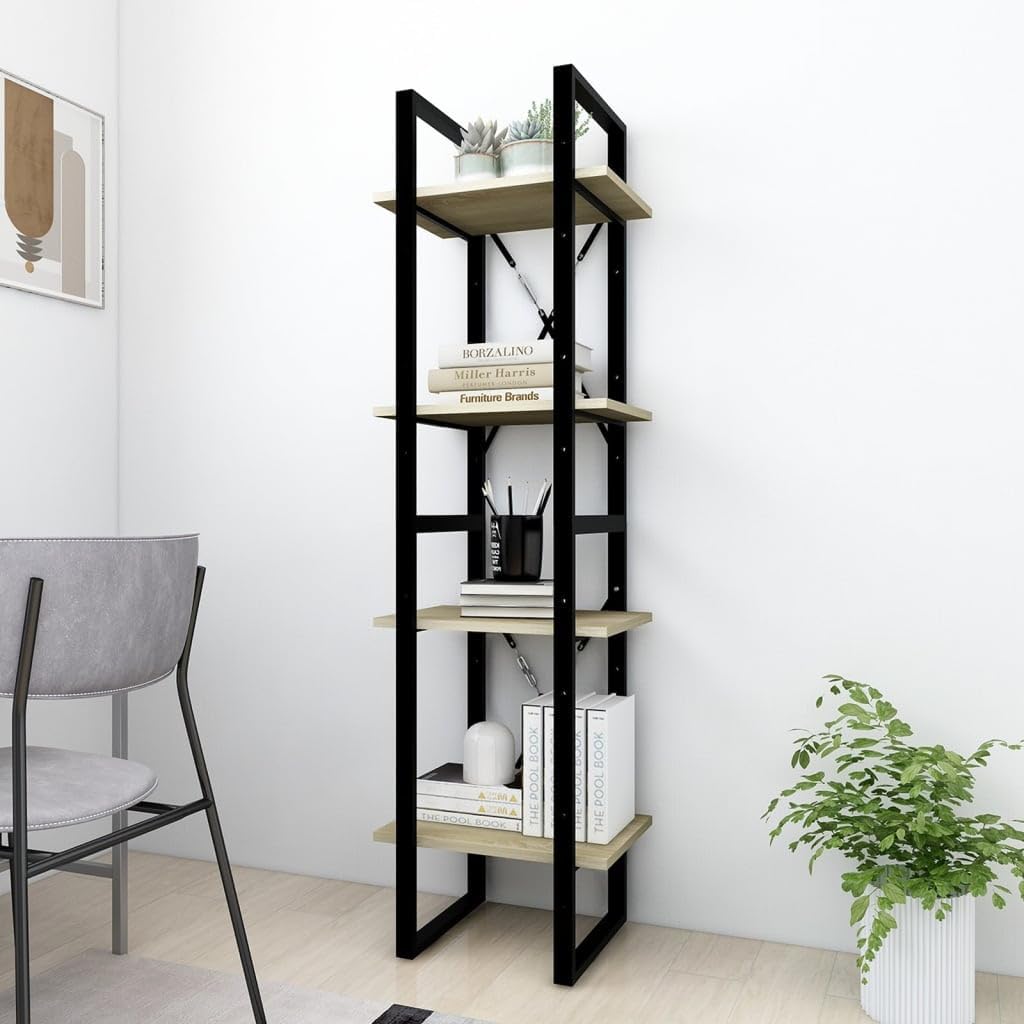 4-Tier Book Cabinet, Industrial Open Bookshelf with Sonoma Oak Shelves and Black Metal Frame, Modern Storage Display Rack for Living Room and Office, 55.1 Inches Tall