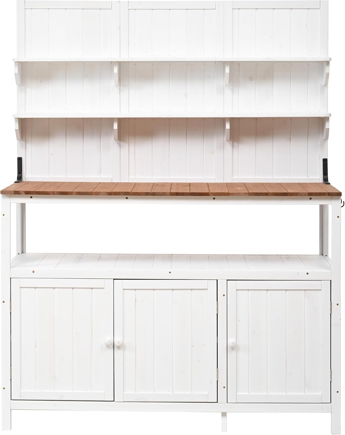 Merax Potting Bench,50.2' W Solid Fir Wood Garden Workstation, Large Countertop, 2 Shelves, 2 Cabinets, 3 Side Hooks, Outdoor Planting Table for Gardening, White