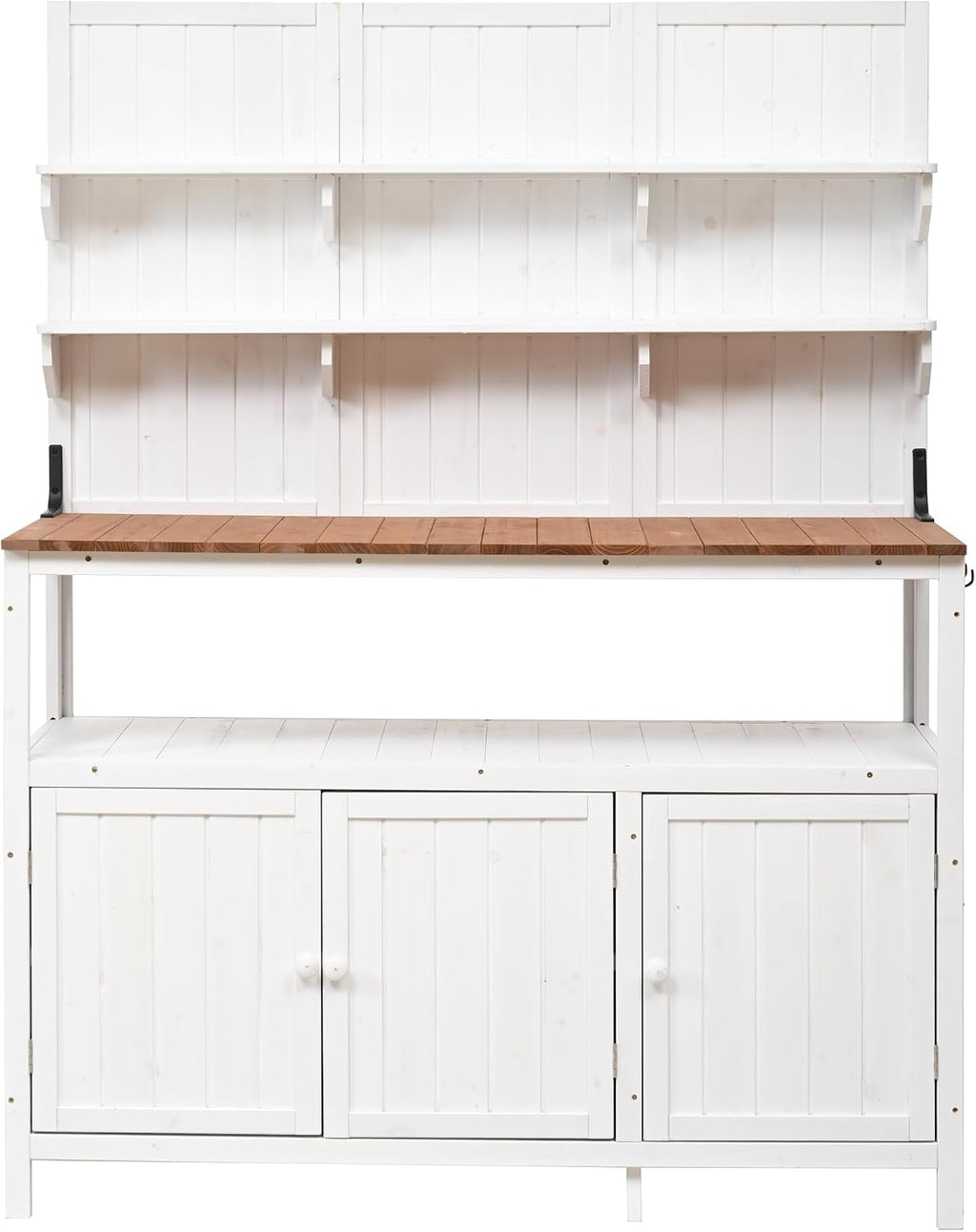 Rustic 50.2' Solid Fir Wood Patio Potting Bench with Hutch,Garden Workstation with Large Countertop,2 Shelves,2 Cabinets,3 Side Hooks,Planting Table for Backyard (White#H)