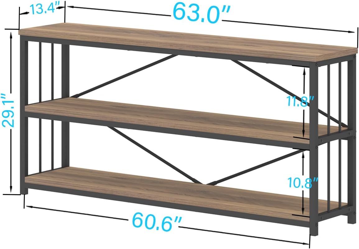 IBF Industrial 3 Tier Bookshelf, Rustic Low Wood and Metal Book Shelf, Farmhouse Long Wide Open Horizontal Bookcase, Modern Large Vintage Etagere for Home Office Bedroom Living Room, Rustic Oak, 63 In