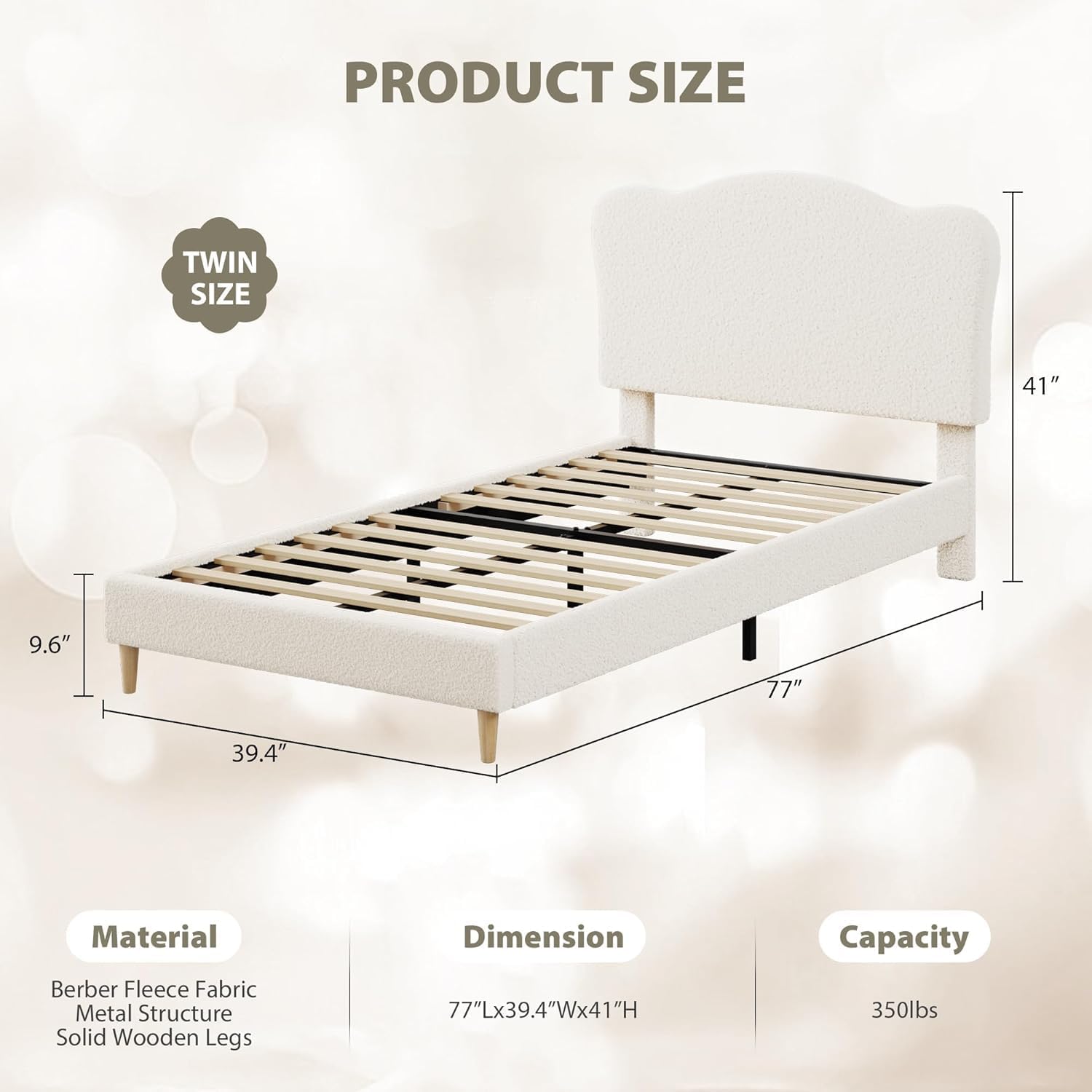 GarveeHome Upholstered Twin Size Bed Frame for Kids with Scallop Headboard, Cute Velvet Twin Bed for Girls, Boys, Sturdy Platform Bed, No Box Spring Needed, Wooden Slats, Noise Free, Beige