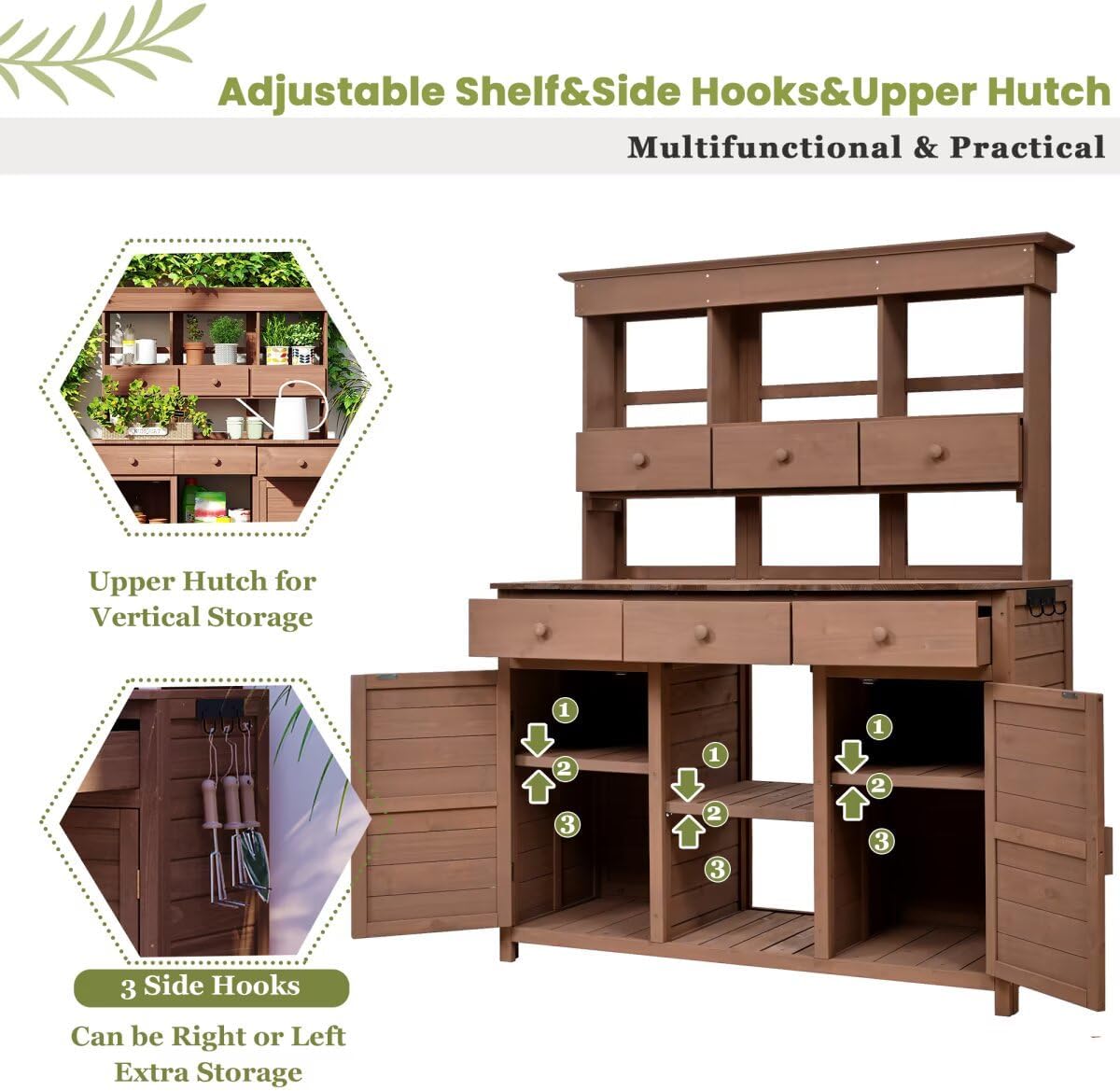 JIJIWANG 65.7'' H Tall Garden Potting Bench Table with Hutch,Patio Storage Workstation with 3 Shelves,6 Drawers,2 Bottom Cabinets&Side Hooks for Mudroom,Doorway, Brown