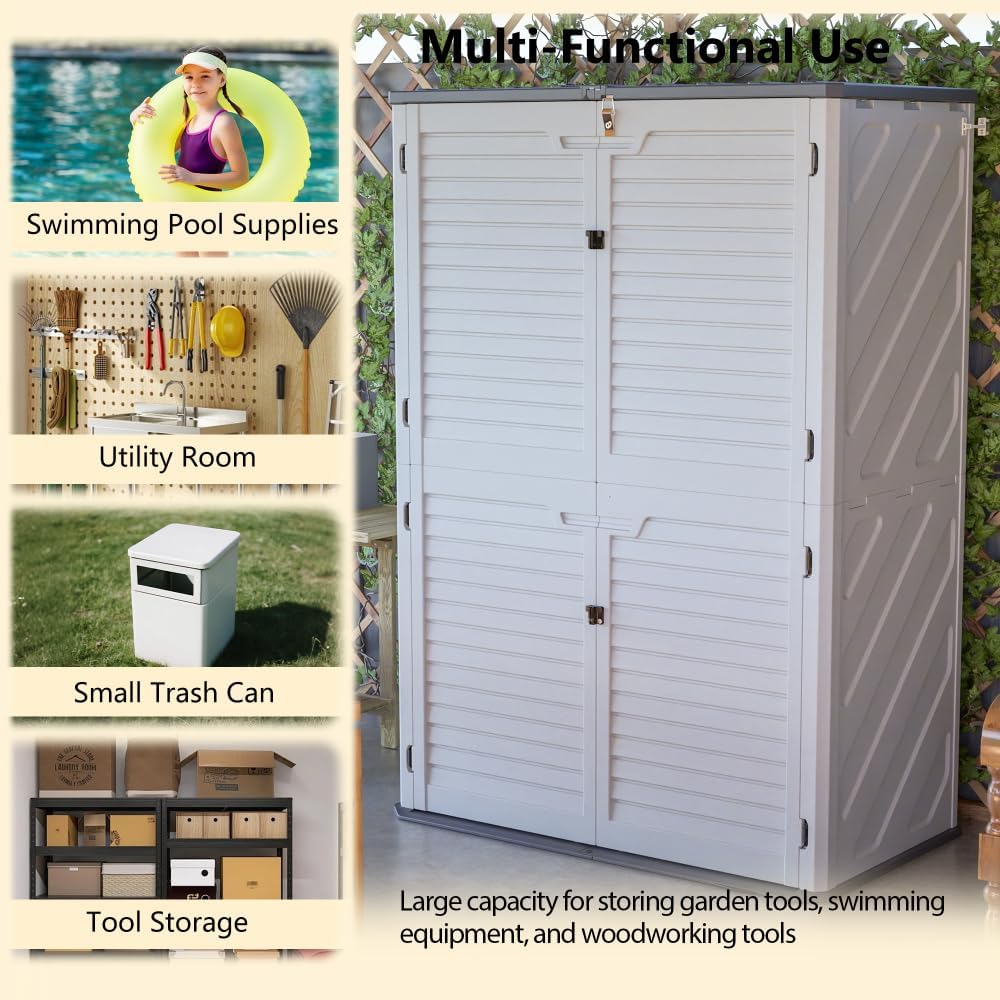 Heavy-Duty Plastic Storage Shed with Floor – Weather-Resistant Outdoor Utility Shed for Garden Tools, Lawn Equipment & Yard Supplies (L-White + Plastic-1)