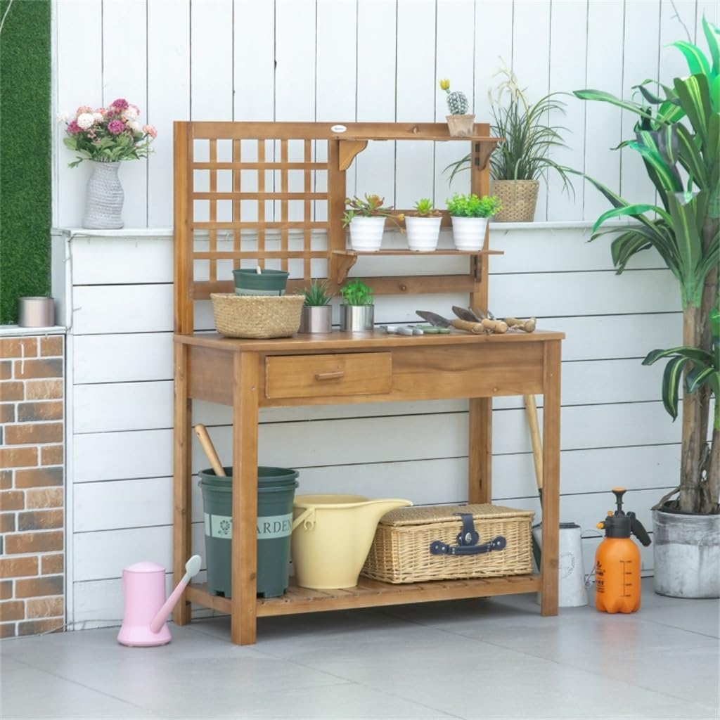 Potting Garden Work Bench, Outdoor Wooden Workstation with Tiers of Shelves and Drawer for Patio, Courtyards