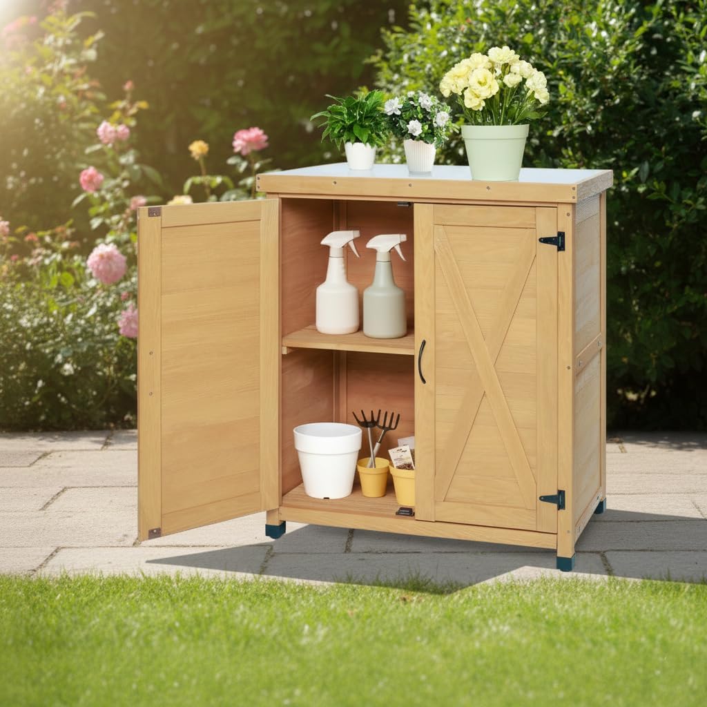 Potting Bench with Storage Cabinet & Metal Top, Solid Wood Hemlock Outdoor Work Station Table, X-Shape Sturdy Design, Magnetic Door, Gray/Light Brown, 31'x17'x36' (Light Brown)
