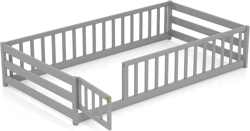 KOMFOTT Twin Size Wood Floor Bed with Door & Fence, Montessori Bed Frame with Full Length Safety Guardrails, Door & Latch, Wooden Montessori Floor Bed for Kids, Girls, Boys (Grey, Twin)
