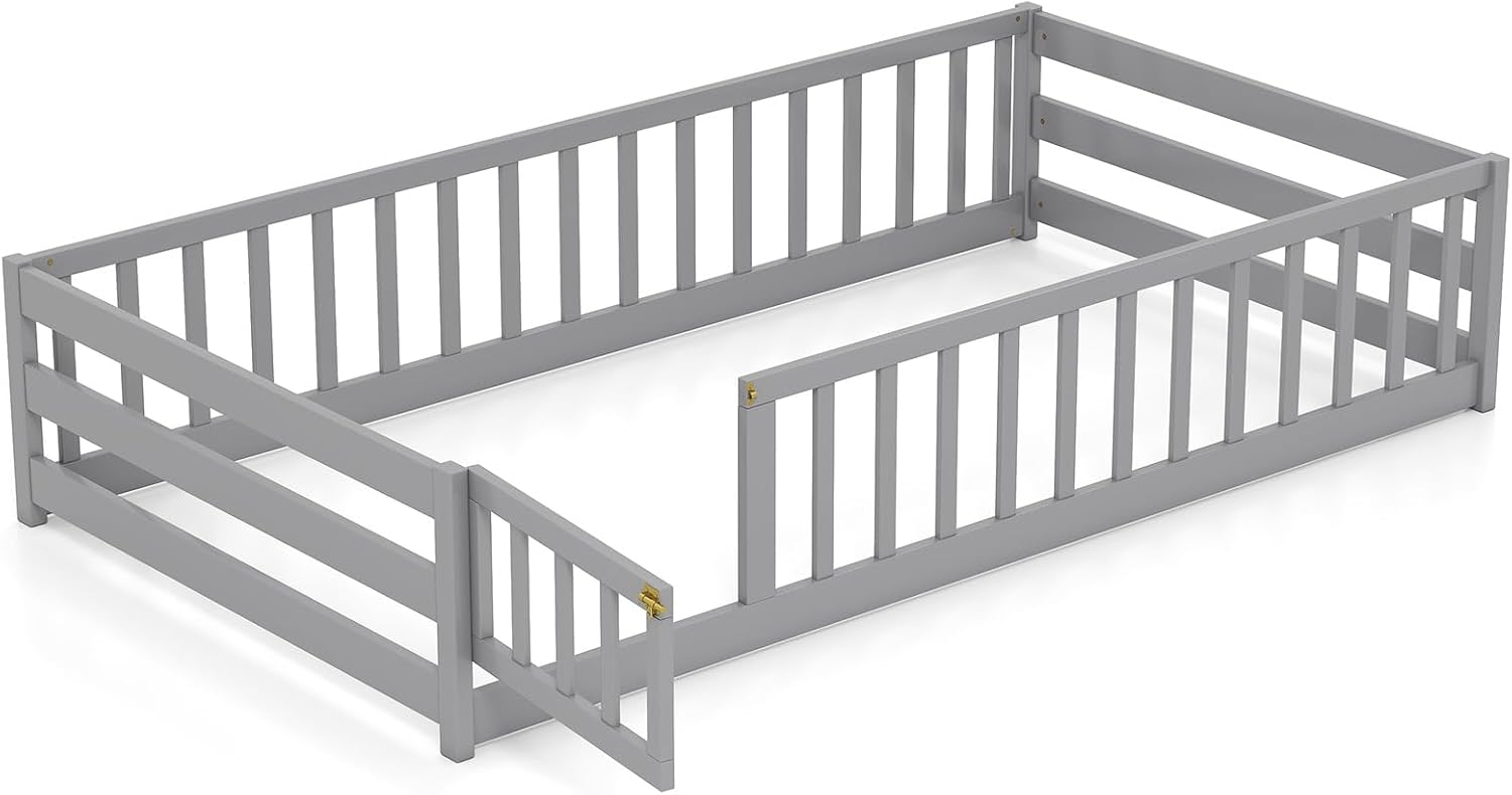 KOMFOTT Twin Size Wood Floor Bed with Door & Fence, Montessori Bed Frame with Full Length Safety Guardrails, Door & Latch, Wooden Montessori Floor Bed for Kids, Girls, Boys (Grey, Twin)