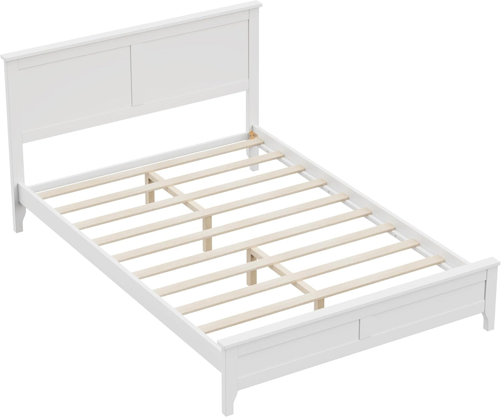 Full Size Wood Bed Frame and Headboard, Modern Retro White Platform Beds Frames, Sturdy and Durable Design Mid Century Rustic Wooden Bedroom Set, No Box Spring Needed (White, Full)