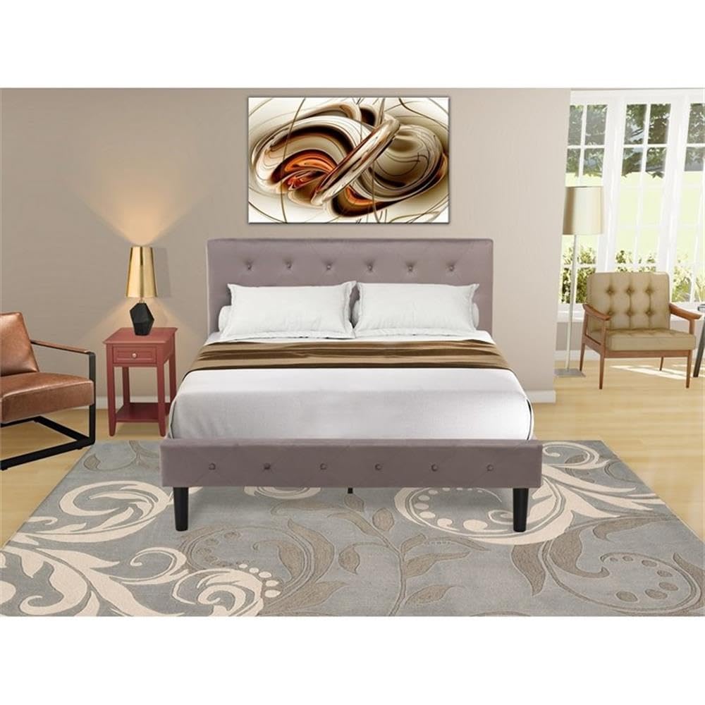 East West Furniture NL14F-1DE13 2 Piece Bed Set - Full Size Button Tufted Bed Frame - Brown Taupe Velvet Fabric Upholstered Headboard and a Burgundy Finish Nightstand