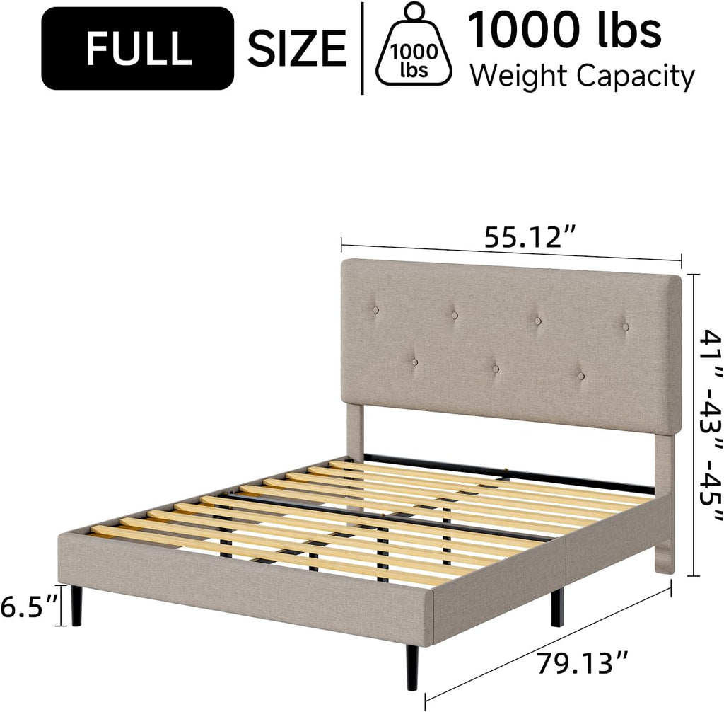 Full Size Linen Bed Frame, Upholstered Platform Bed Frame with Adjustable Headboard, Wooden Slats Support, No Box Spring Needed, Easy Assembly, Beige