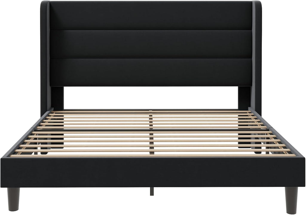 SHA CERLIN Full Size Velvet Bed Frame with Wingback Headboard/Upholstered Platform Bed with Wooden Slats/Mattress Foundation/No Box Spring Needed/Easy Assembly/Black