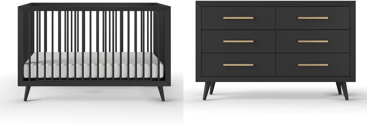 Child Craft Cranbrook Design 4-in-1 Convertible Baby Crib Nursery Furniture Set, Baby Bed and 6 Drawers Double Dresser, for Babies, Toddlers and Kids Bedroom (2 Piece - Ebony)