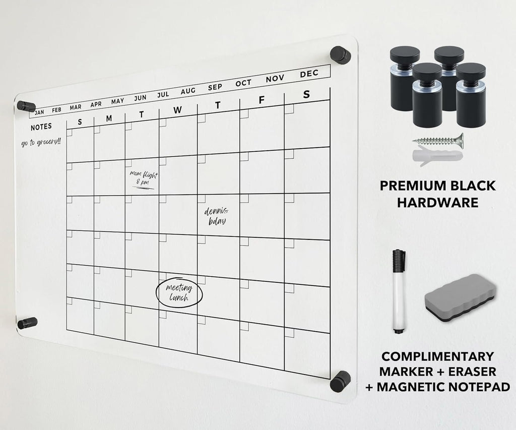 Large Acrylic Calendar with Black Hardware - 2026 Dry Erase Planner - Monthly Acrylic Planner - Family Dry Erase Calendar (Black Standoff, 40x28' (XLarge))