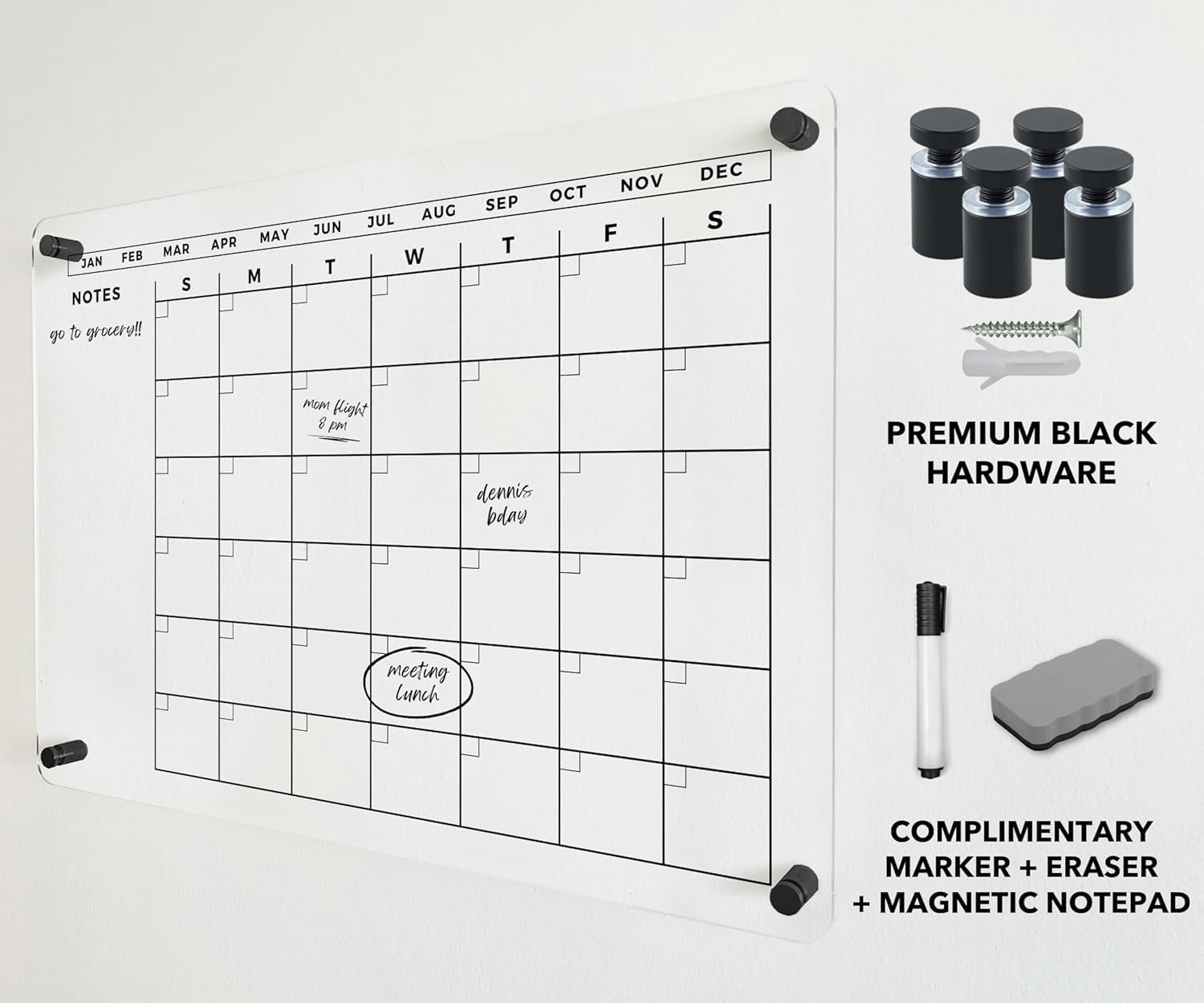 Large Acrylic Calendar with Black Hardware - 2026 Dry Erase Planner - Monthly Acrylic Planner - Family Dry Erase Calendar (Black Standoff, 40x28' (XLarge))