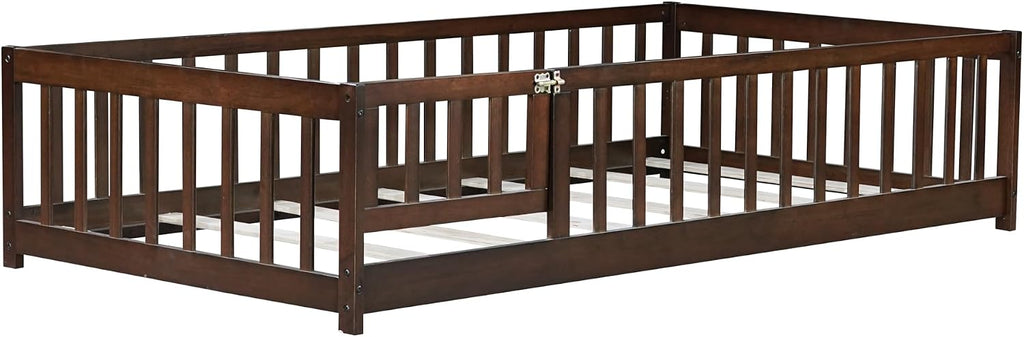 Bellemave Floor Bed for Kids,Twin Size Montessori Floor Bed with Door and Fence,Solid Wood Twin Bed Frame with Removable Slats for Girls Boys,Twin,Espresso
