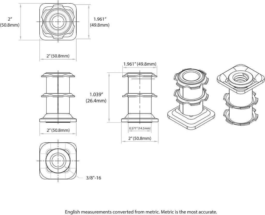 Outwater Industries Double Star Threaded Caster Insert | Heat Treated Steel | Fits 2 Inch Square 16-18 Gauge Tube | Thread: 3/8-16 | 100 Pack