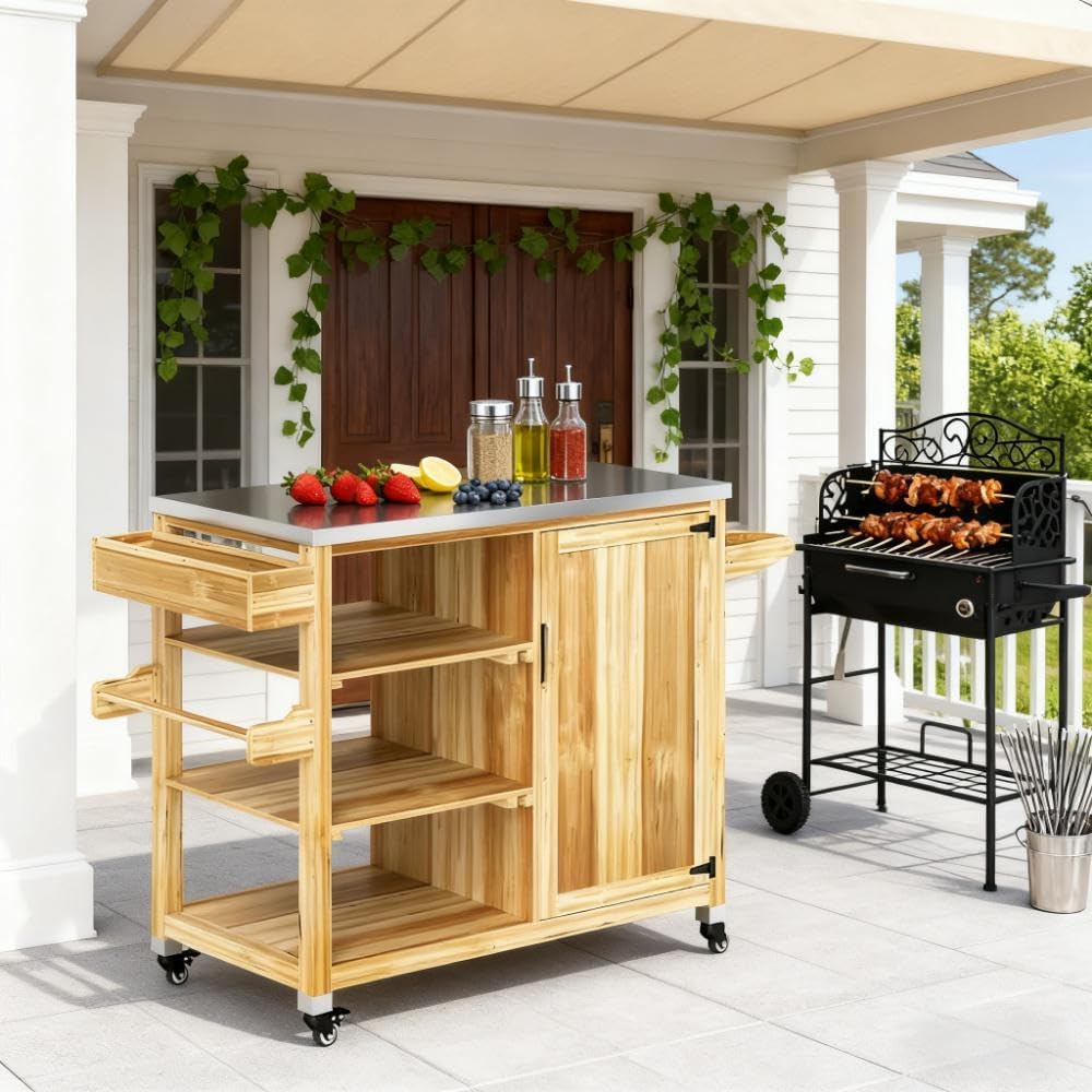 Outdoor Grill Table Cart with Stainless Steel Top, Solid Wood Outdoor Kitchen Island with Wheels and Storage Cabinet, Food Prep Table with Open Shelves for BBQ, Patio, Kitchen, Natural Wood