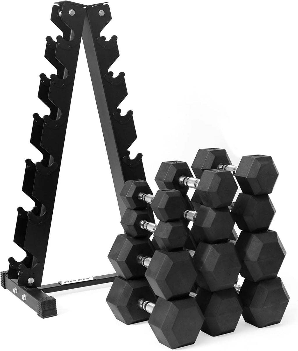 RitFit Rubber Coated Hex Dumbbell Set with Rack, 5-780LB for Home Gym Strength Training, Anti-Slip Knurled Handle, Hexagon Anti-Roll, Heavy-Duty Storage Rack