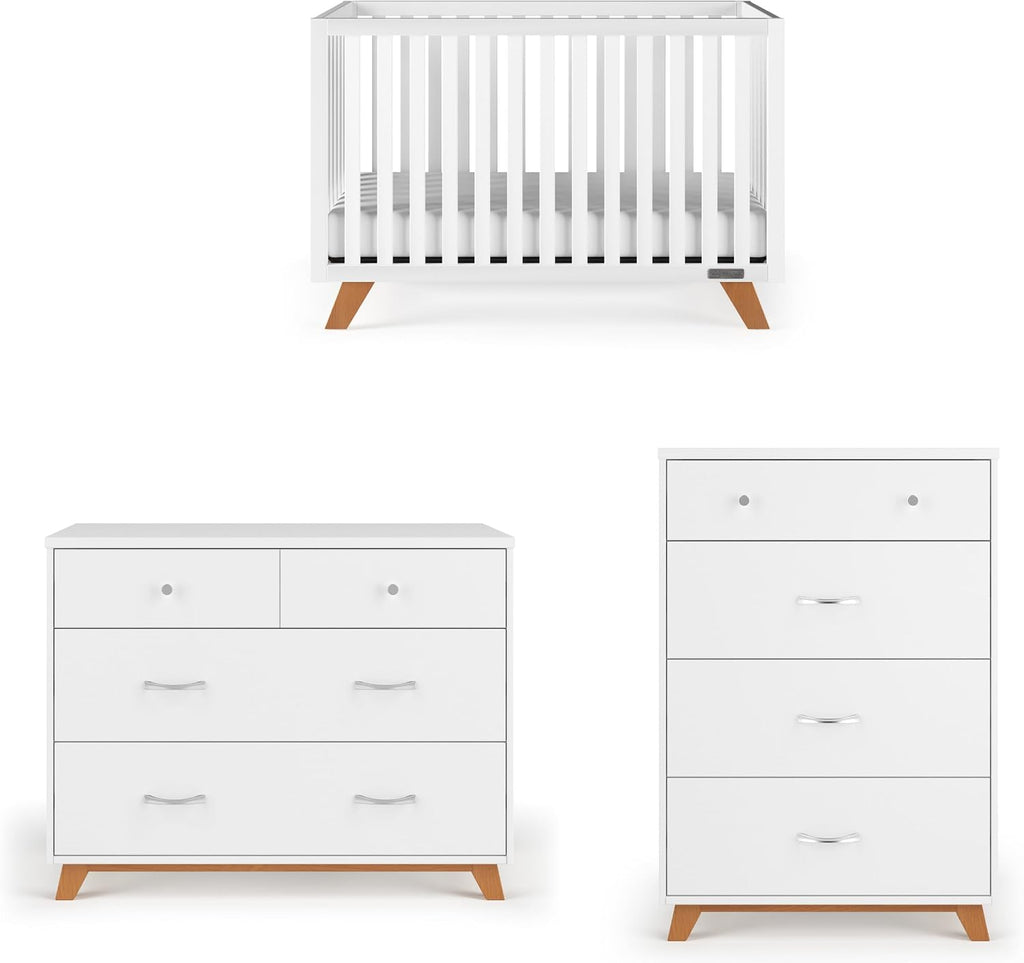 Child Craft SOHO Crib, 3-Drawer Dresser Nursery Set, Chest, 3-Piece, Includes 4-in-1 Convertible Crib, Dresser, Chest (White/Natural)