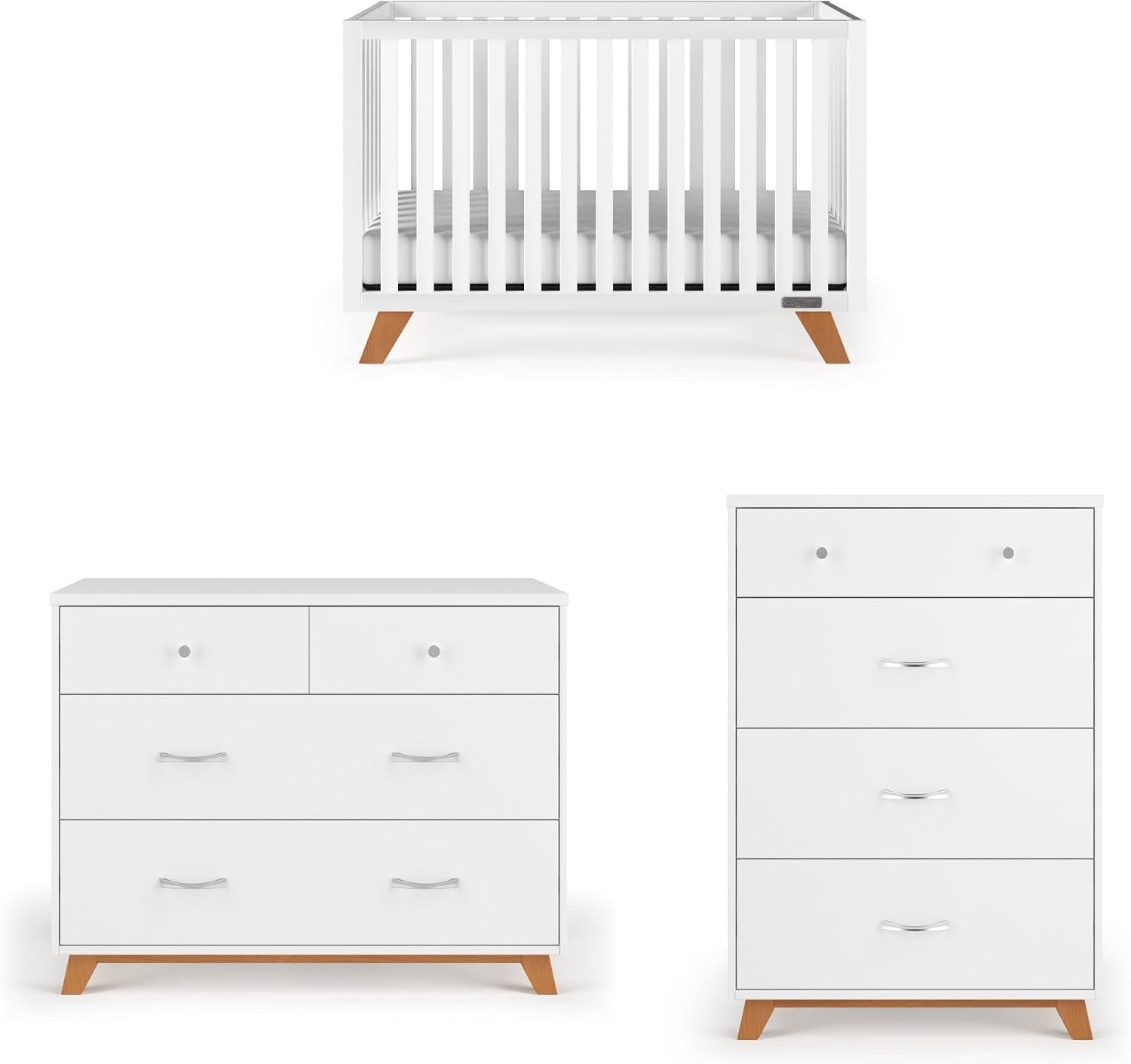 Child Craft SOHO Crib, 3-Drawer Dresser Nursery Set, Chest, 3-Piece, Includes 4-in-1 Convertible Crib, Dresser, Chest (White/Natural)