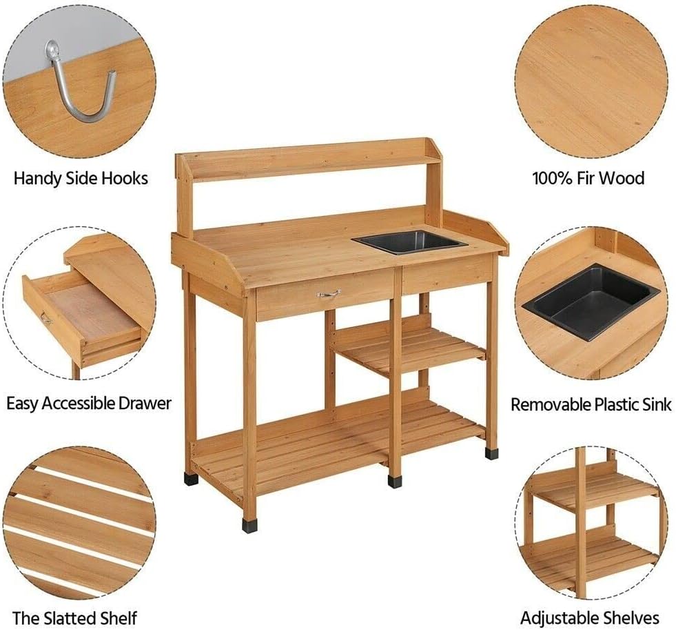 Potting Bench Table Patio Outdoor Garden Work Station Planting Shelf Sink Drawer Solid Wood Construction, Deck, Balcony anXella (Color : B)